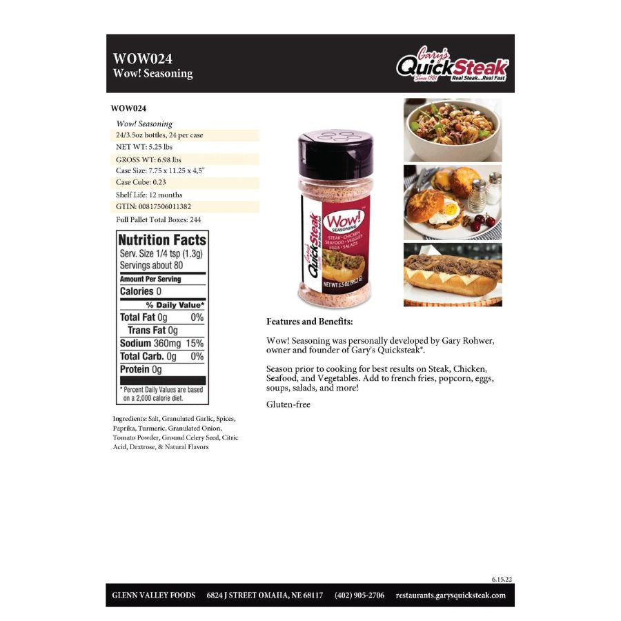 Gary's Wow! Seasoning Nutrition Facts Label and Features/Benefits