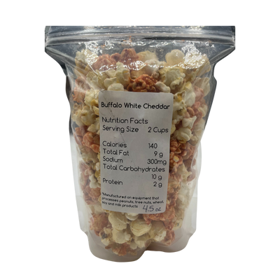 Buffalo White Cheddar Popcorn | Easy and Delicious Snack | Flavor Packed | Made in Small Batches | Locally Grown Kernels | 4.5 oz. Bag