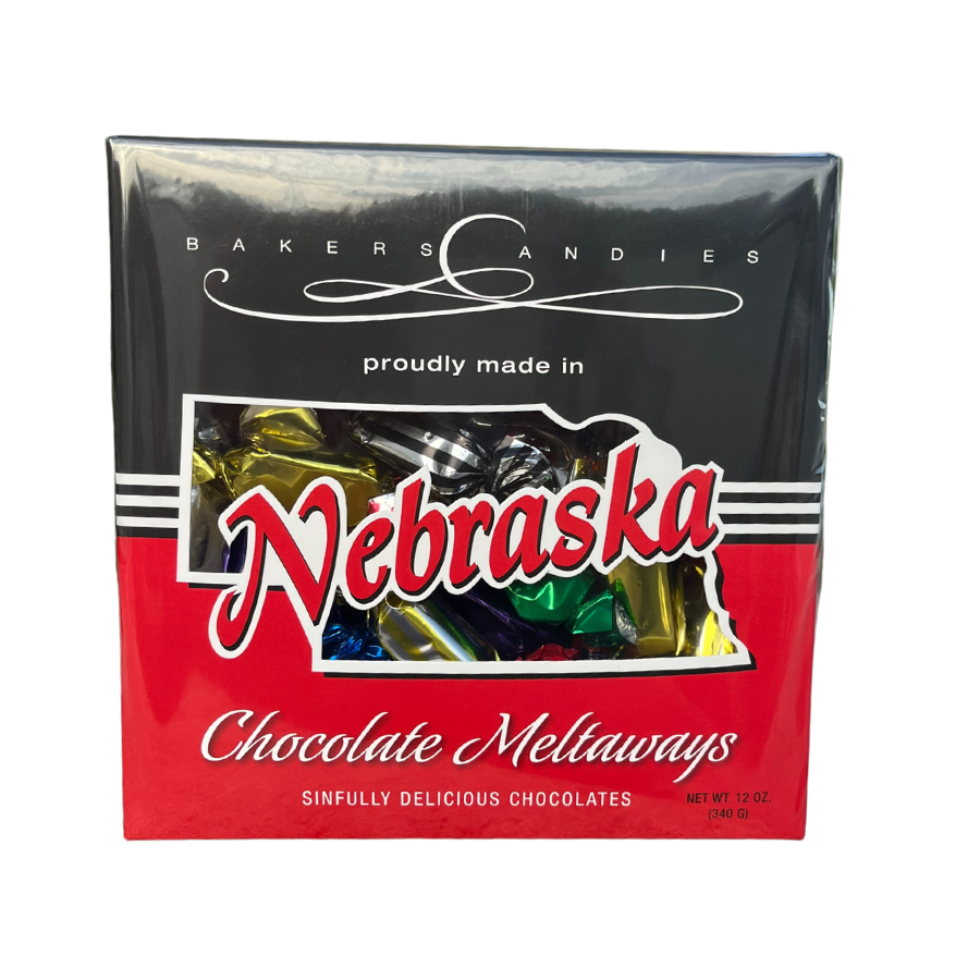 Baker's Candies 12oz Chocolate Meltaways, Nebraska Themed with Nebraska cut out to show the product on white background.