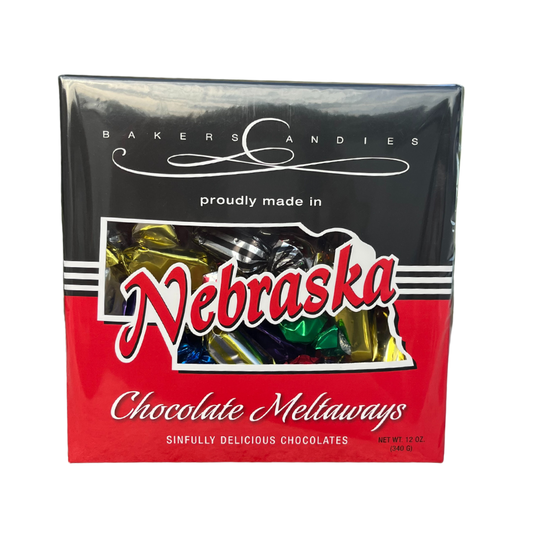 Baker's Candies 12oz Chocolate Meltaways, Nebraska Themed with Nebraska cut out to show the product on white background.