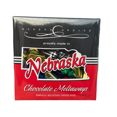 Baker's Candies 12oz Chocolate Meltaways, Nebraska Themed with Nebraska cut out to show the product on white background.