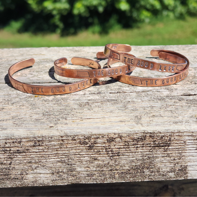 The Good Life Bracelet | Hand Stamped Adjustable Bracelet | Made with Real Copper | Made with Genuine Sterling Silver | Perfect Gift for Jewelry Lover | Gifts Suitable for Men and Women | 1/4 in. wide | Your Choice of Genuine Copper or Sterling Silver