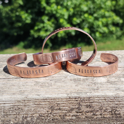 Nebraska Bracelet | Hand Stamped Adjustable Bracelet | Made with Real Copper | Made with Genuine Sterling Silver | Gifts Suitable for Men and Women | 1/2 in. wide | Your Choice of Genuine Copper or Sterling Silver