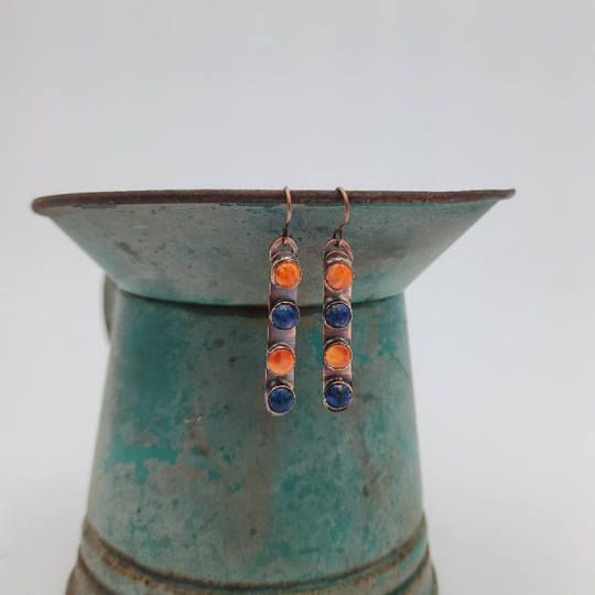 Orange & Blue Dangle Earring | Orange Spiny Oyster & Blue Lapis Stone | Genuine Hand Crafted Copper | Boho Western Style Earring | 2.5 Inches Long