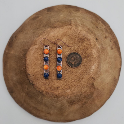 Orange & Blue Dangle Earring | Orange Spiny Oyster & Blue Lapis Stone | Genuine Hand Crafted Copper | Boho Western Style Earring | 2.5 Inches Long