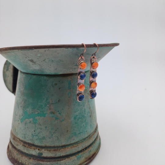 Orange & Blue Dangle Earring | Orange Spiny Oyster & Blue Lapis Stone | Genuine Hand Crafted Copper | Boho Western Style Earring | 2.5 Inches Long