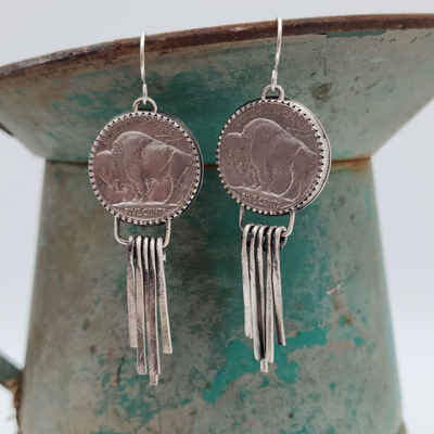 Sterling Silver Western Style Buffalo Nickel Earrings Dangle from Blue Pot 