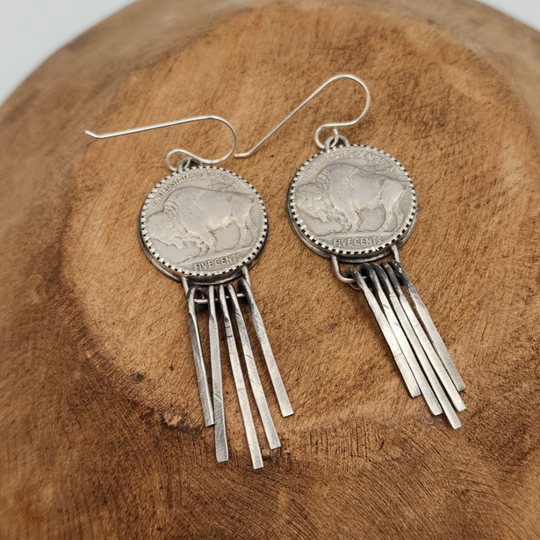 Sterling Silver Western Style Buffalo Nickel Earrings Dangle on Wood Board 