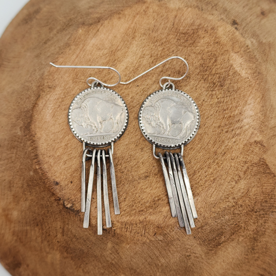 Sterling Silver Western Style Buffalo Nickel Earrings Dangle on Wood Piece 