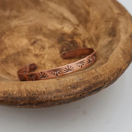 Hand Stamped Copper Bracelet in Wood Trey