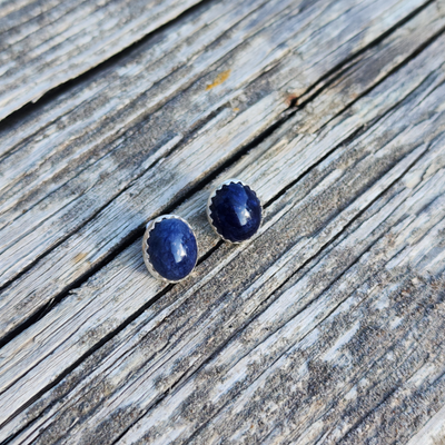 Dark Blue Lapis Earrings Sterling Silver on Wood
