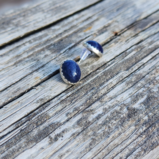 Dark Blue Lapis Earrings Sterling Silver on Wood