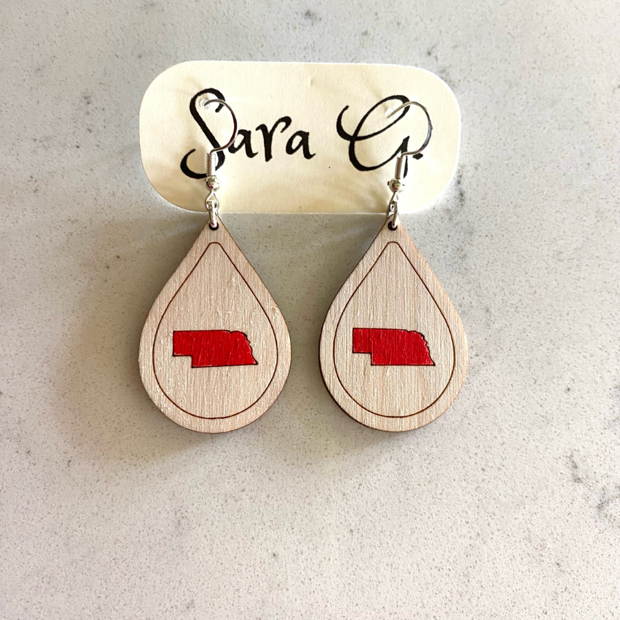 Nebraska Teardrop Dangle Earring | Red Nebraska and Natural Wood Earring | Lightweight Earring | Classy & Simple Earring | Handmade Jewelry | Multiple Colors & Sizes