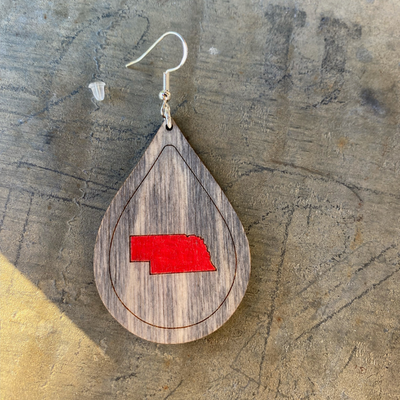 Nebraska Teardrop Dangle Earring | Red Nebraska and Natural Wood Earring | Lightweight Earring | Classy & Simple Earring | Handmade Jewelry | Multiple Colors & Sizes