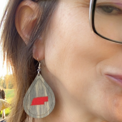 Nebraska Teardrop Dangle Earring | Red Nebraska and Natural Wood Earring | Lightweight Earring | Classy & Simple Earring | Handmade Jewelry | Multiple Colors & Sizes
