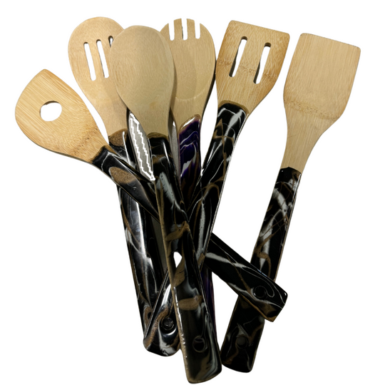 Bamboo Kitchen Utensils With Hand-Poured Resin Finish | 6 Pack | Dark Black Resin With Striking Tones Of White and Gold | Carefully Selected Bamboo | Perfect Christmas, Wedding, Or Birthday Gift For Loved Ones | Bouquet Style