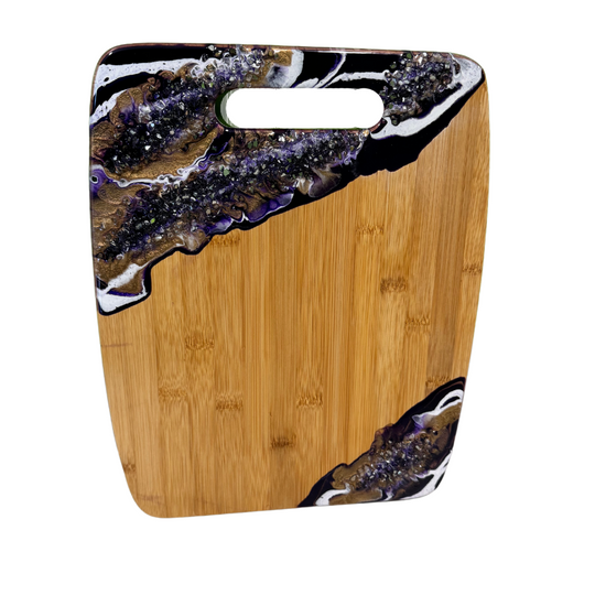 Resin Poured Geode Cutting Board | Customizable Unique Double Sided Chopping Block | Bamboo Charcuterie Serving Trey | Perfect House Warming Gift | Large Size 12X15 | Purple