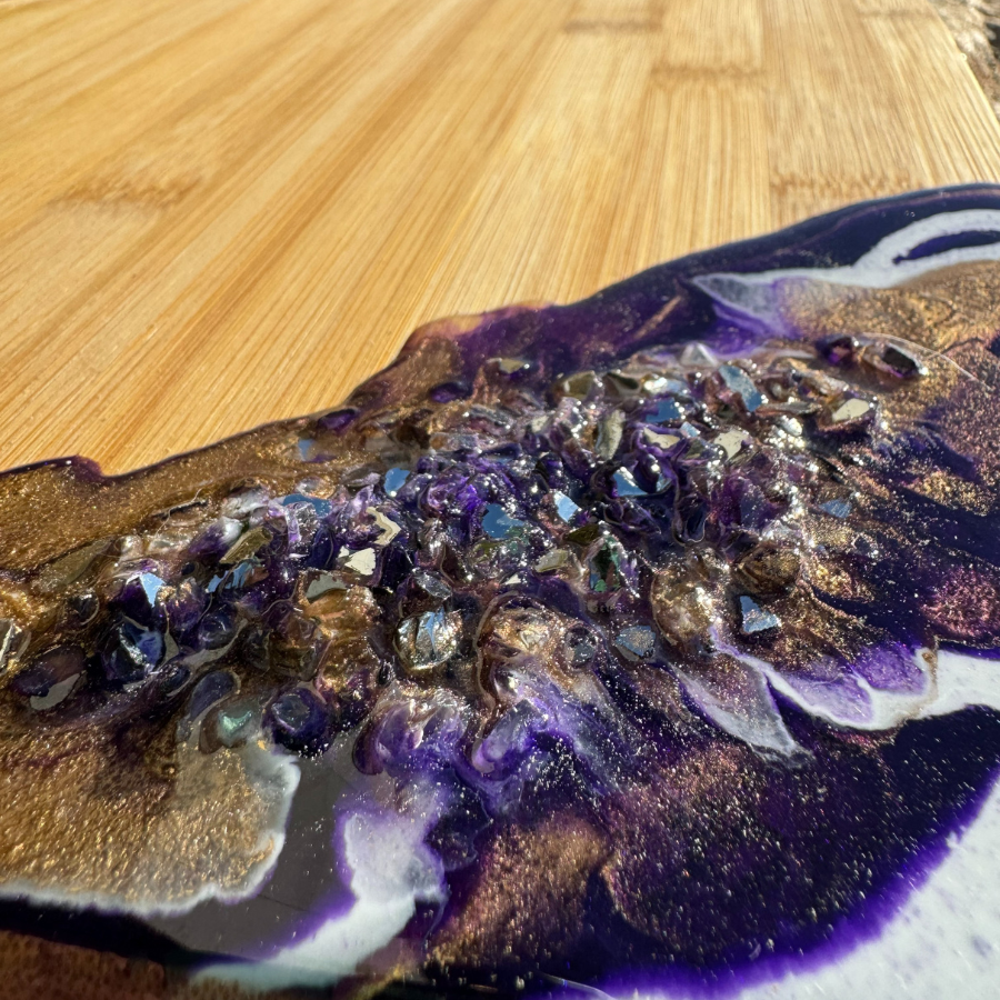 Resin Poured Geode Cutting Board | Customizable Unique Double Sided Chopping Block | Bamboo Charcuterie Serving Trey | Perfect House Warming Gift | Large Size 12X15 | Purple