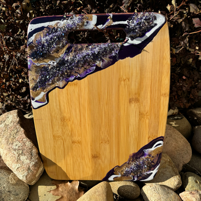 Resin Poured Geode Cutting Board | Customizable Unique Double Sided Chopping Block | Bamboo Charcuterie Serving Trey | Perfect House Warming Gift | Large Size 12X15 | Purple