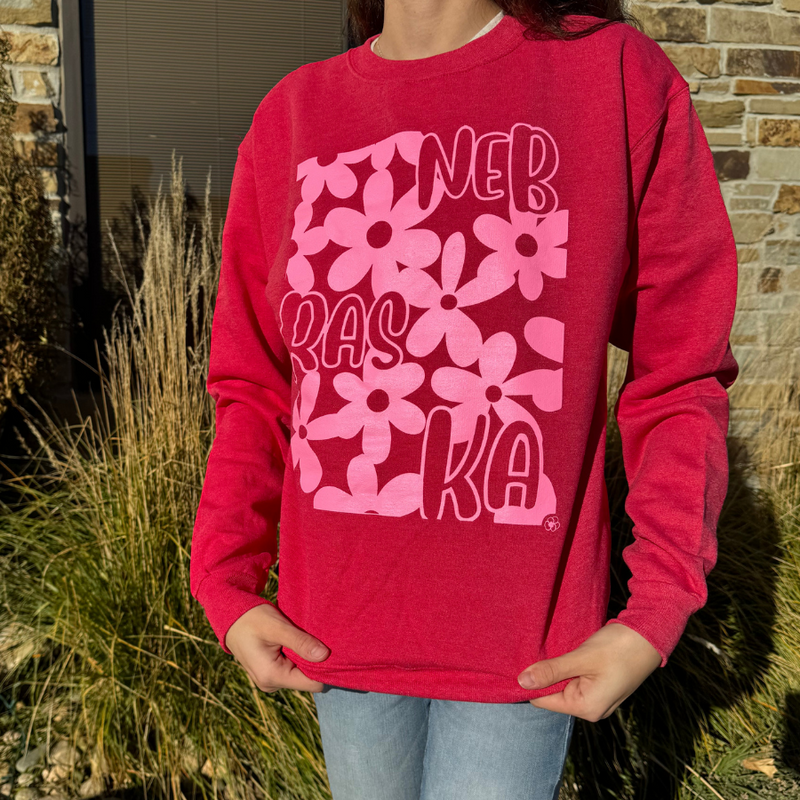 Nebraska Crewneck Sweatshirt | Pink | Unisex | Floral Design Pink Crewneck Sweater | Soft Blend Fabric | Multiple Sizes