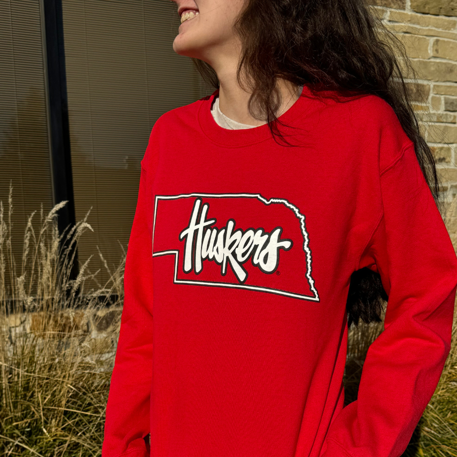 Husker State Crewneck Sweater | Red | Soft Heavy Blend Material | GBR Apparel | Licensed University Of Nebraska at Lincoln Sports Apparel | Multiple Sizes