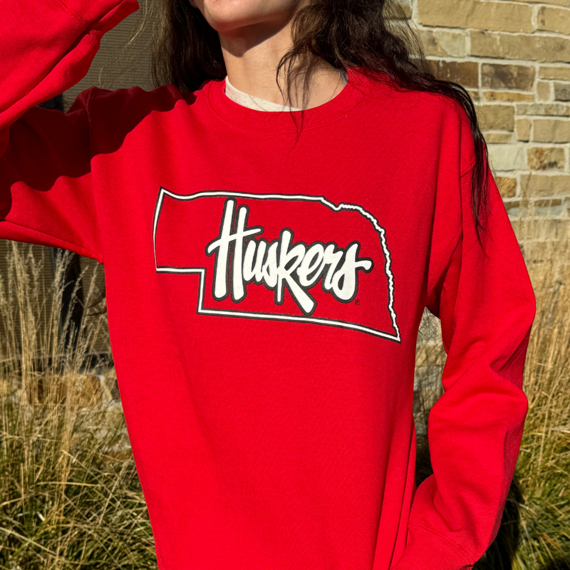 Husker State Crewneck Sweater | Red | Soft Heavy Blend Material | GBR Apparel | Licensed University Of Nebraska at Lincoln Sports Apparel | Multiple Sizes