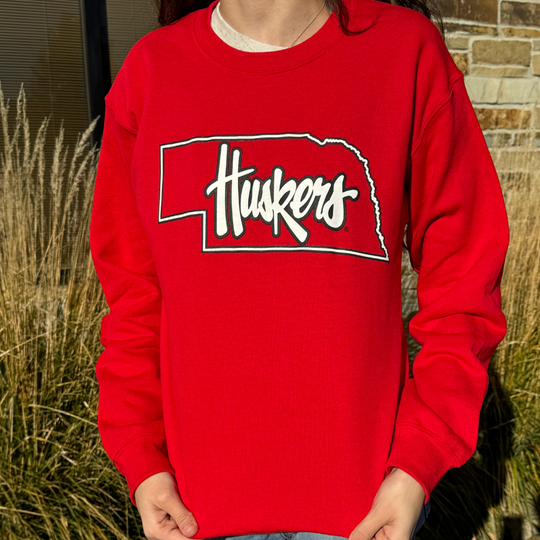 Husker State Crewneck Sweater | Red | Soft Heavy Blend Material | GBR Apparel | Licensed University Of Nebraska at Lincoln Sports Apparel | Multiple Sizes