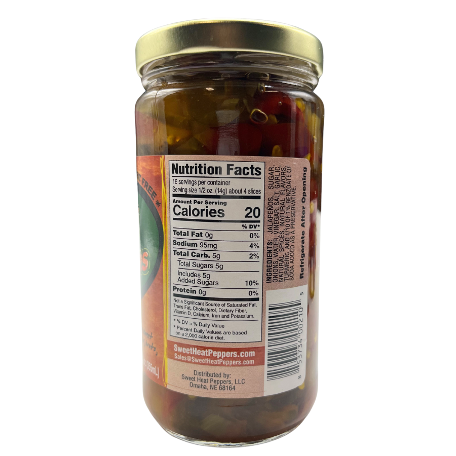 Sweet Heat Peppers | 12 oz. | Candied Jalapeños | Fat Free | Perfect Additive To Dips | Great On Tacos, Burritos, Grilled Chicken, And Even Breakfast Foods | Crunchy And Fresh | Made in Nebraska | Add A Spicy Crunch To Any Dish | Sweet and Spicy