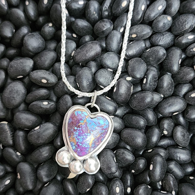 Purple Wave & Sterling Silver Heart Necklace in Uncooked Black Beans