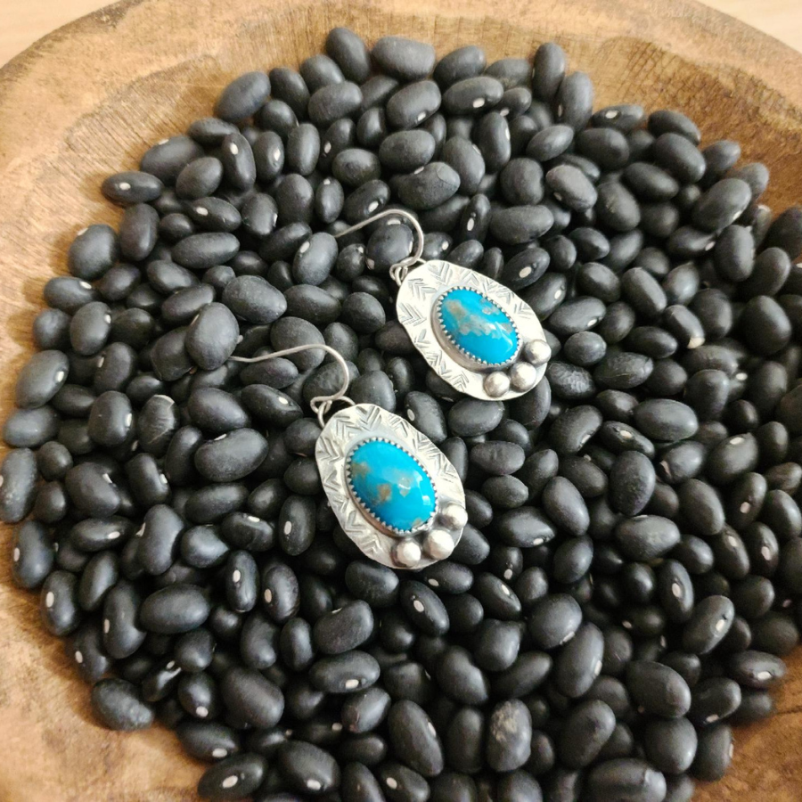 Sterling Silver Dangle Turquoise Earrings in Basket of Uncooked Black Beans 