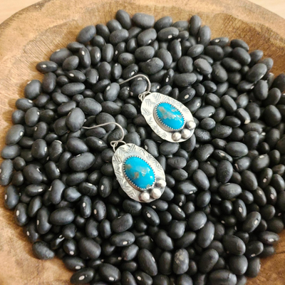 Sterling Silver Dangle Turquoise Earrings in Basket of Uncooked Black Beans 
