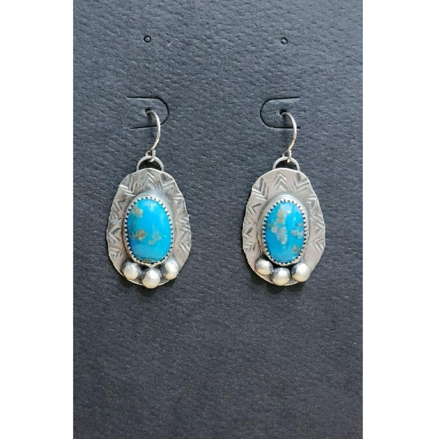 Sterling Silver Dangle Turquoise Earrings on Black Card Display 