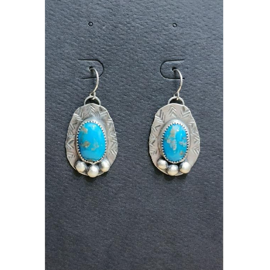 Sterling Silver Dangle Turquoise Earrings on Black Card Display 