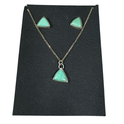 Necklace and Earring Set | Triangle Lucid Variscite Stone & Sterling Silver | Hand Made and Stamped for Authenticity | No Two  Alike | Unique Jewelry Piece | 18" Chain