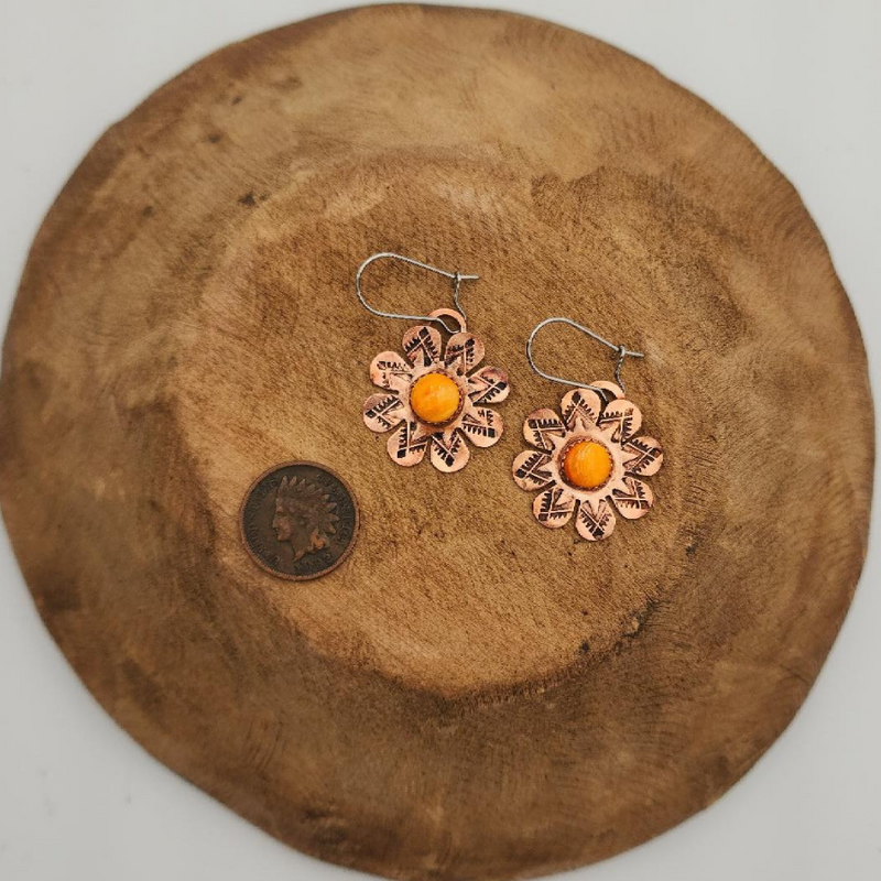 Dangle Copper Flower Earrings with Orange Spiny Oyster Stone on Wood Block with Coin for Comparison