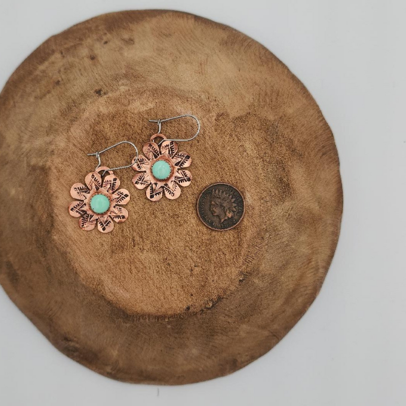 Dangle Copper Flower Earrings with New Lander Stone on Wood Display Next to Coin for Size Comparison 