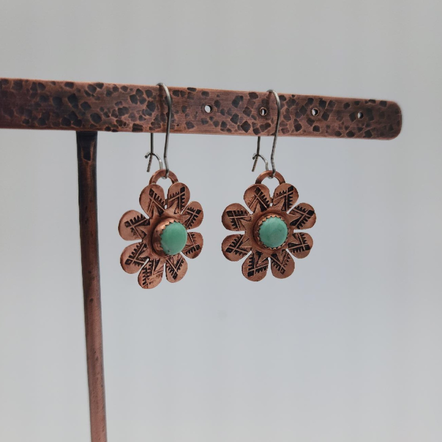 Dangle Copper Flower Earrings with New Lander Stone on Copper Stand