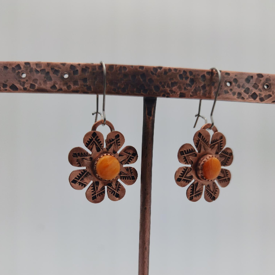 Dangle Copper Flower Earrings with Orange Spiny Oyster Stone on Copper Stand