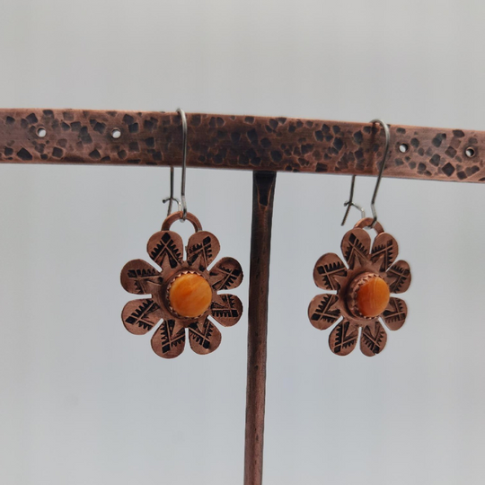 Dangle Copper Flower Earrings with Orange Spiny Oyster Stone on Copper Stand