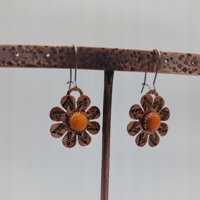 Dangle Copper Flower Earrings with Orange Spiny Oyster Stone on Copper Stand
