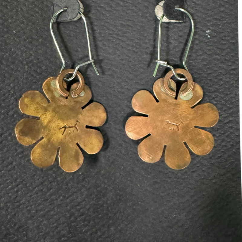 Back of Dangle Copper Flower Earrings with New Lander Stone on Black Card Display 