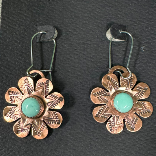 Dangle Copper Flower Earrings with New Lander Stone on Black Card Display 