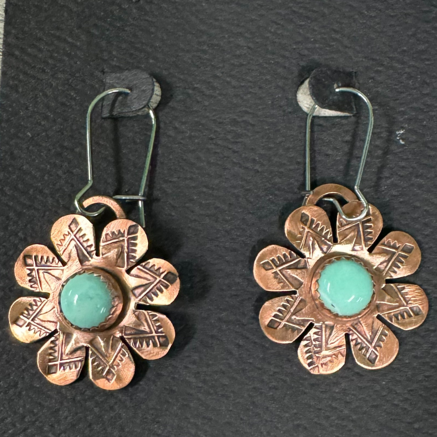 Dangle Copper Flower Earrings with New Lander Stone on Black Card Display 