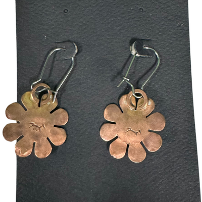 Back of Dangle Copper Flower Earrings with Orange Spiny Oyster Stone on Black Card Display 