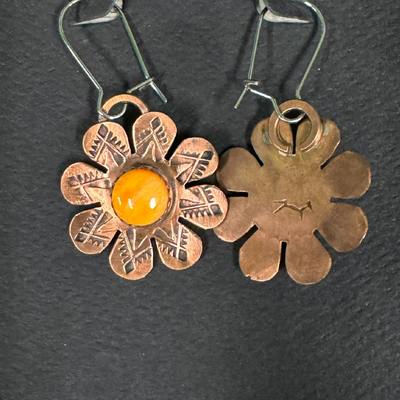Front and Back Dangle Copper Flower Earrings with Orange Spiny Oyster Stone on Black Card Display 