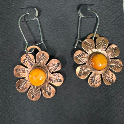 Dangle Copper Flower Earrings with Orange Spiny Oyster Stone on Black Card Display 