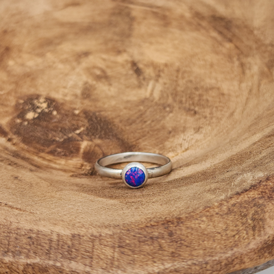 Purple Blue Opal Sterling Silver Ring on Wood