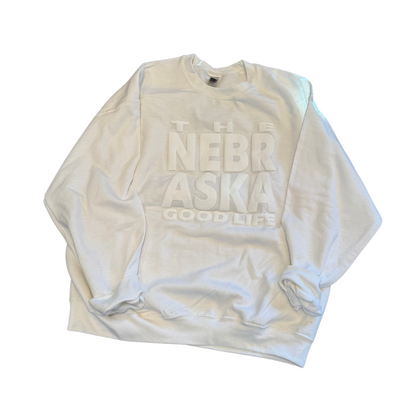 Nebraska Crew Neck | The Nebraska Good Life | White | Perfect for Nebraska Fans | Gift for Nebraska Lovers | Comfy, Soft Material | Pairs With All Outfits | Cute, Sporty Crew Neck