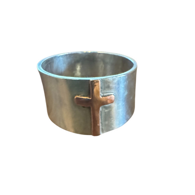 Cross Ring | Sterling Silver Band with Copper Cross Embelishment | Hand Made One of a Kind | Faithful Statement Ring | Size 11 1/2