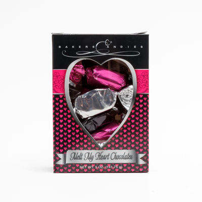 Baker's Candies 5 oz Melt My Heart Chocolate Meltaways Valentines Day Themed Box with heart cut out to show product on white background.